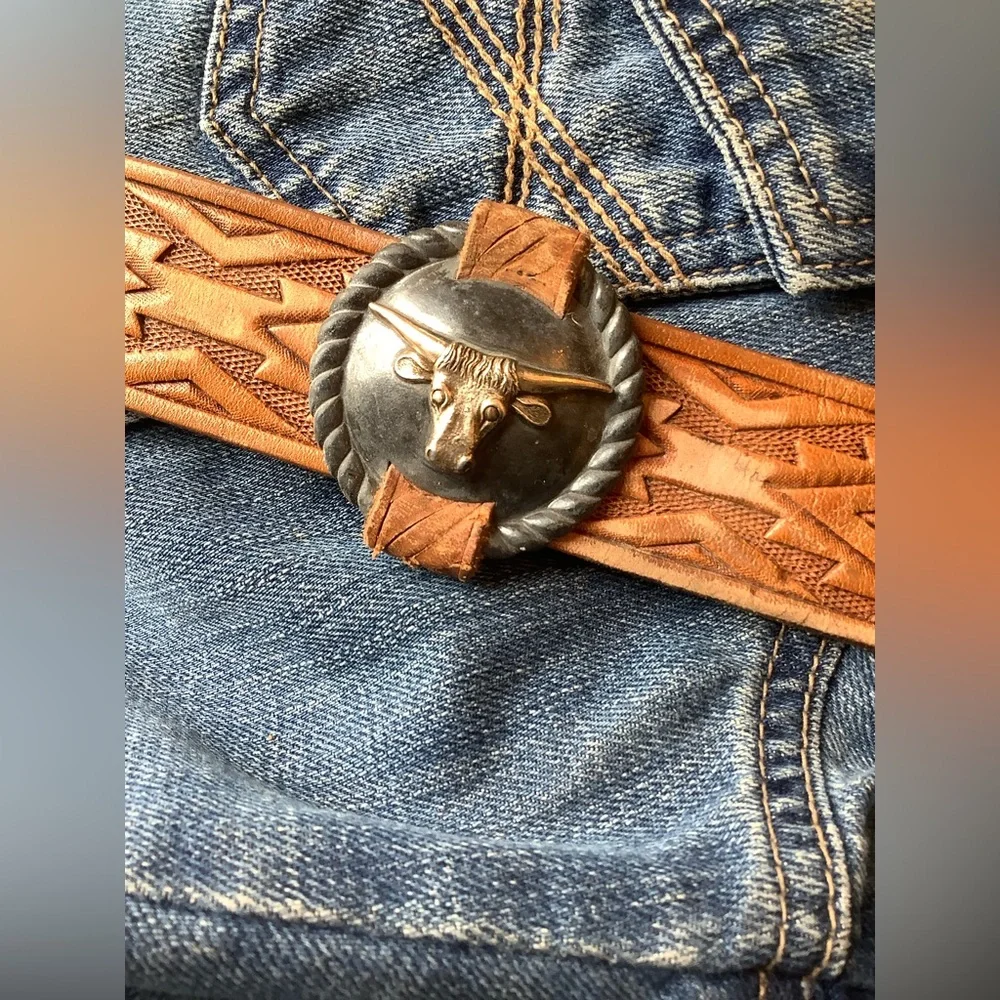 Tooled Leather Western Belt with Bull Concho , up to 8 1/2” wrist